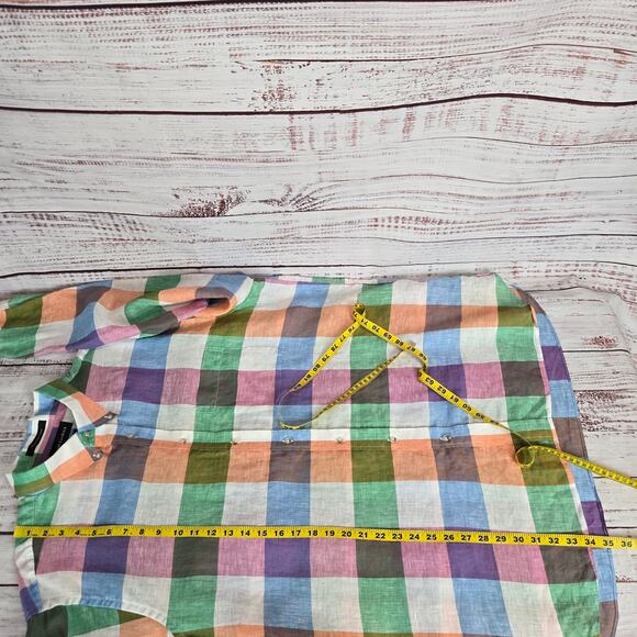 Paul Fredrick Pure Linen Classic Button Shirt 2XLT Vibrant Multi Rainbow Check - Picture 6 of 7